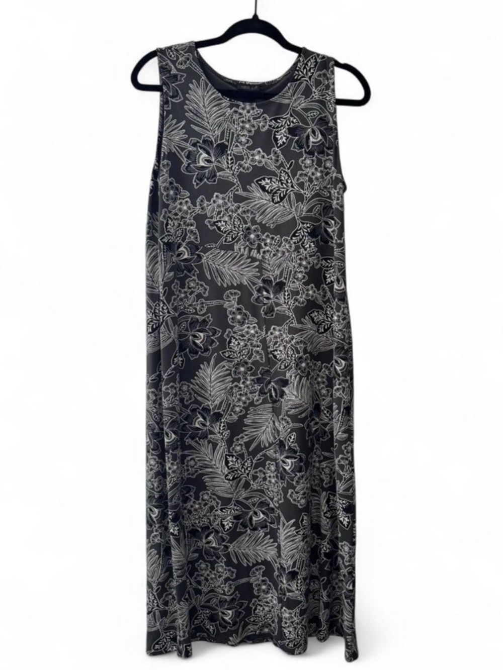 J. Jill Stenciled Gray and Black Floral Sleeveless Midi Dress - Picture 3 of 8